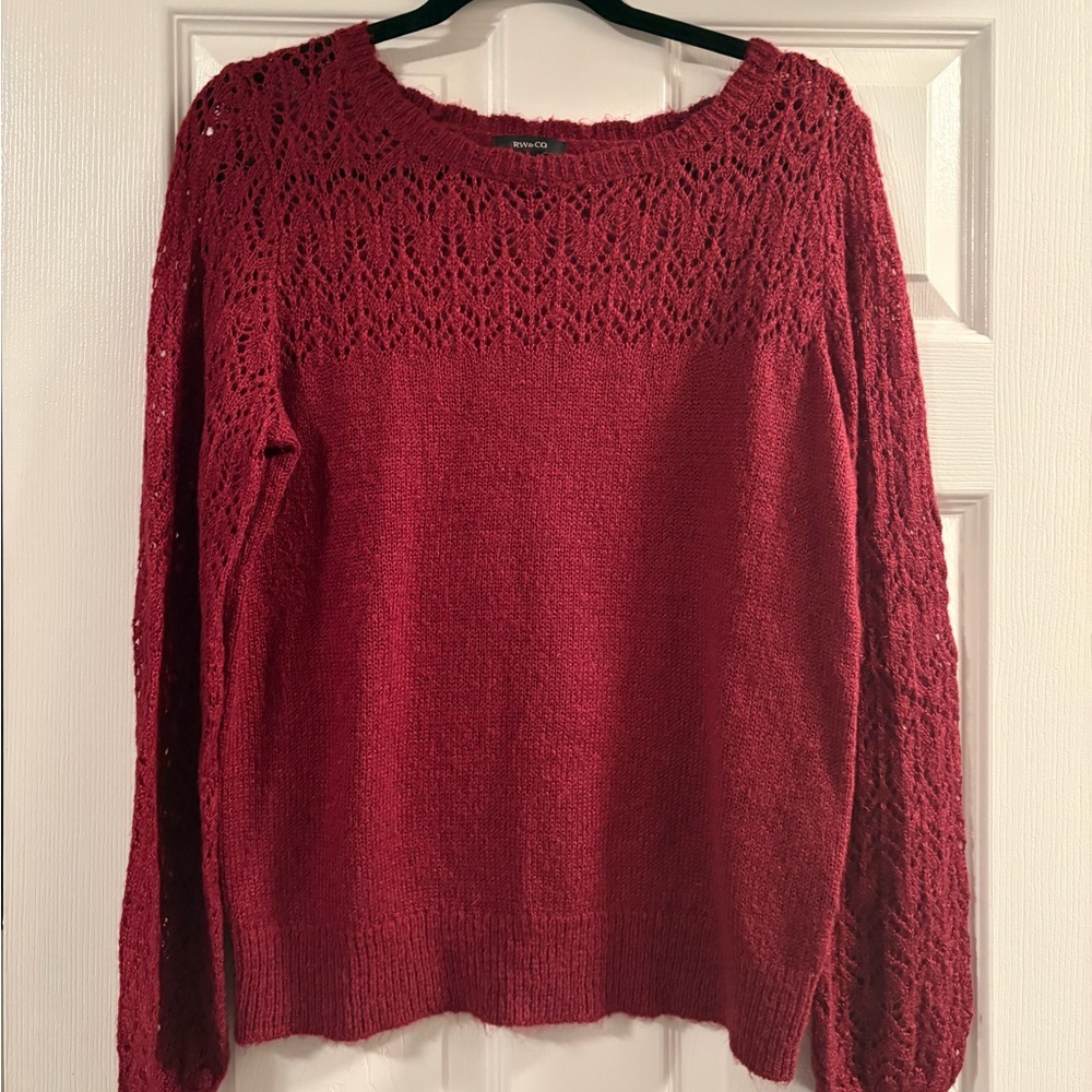 RW&CO Red Crew Neck Sweater with Decorative Knit Pattern